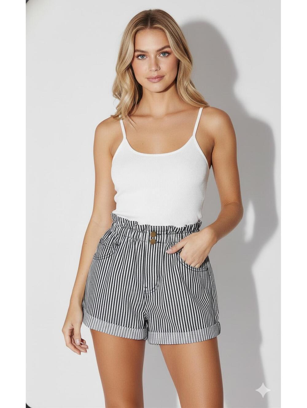 Princess Polly - Navy Pinstripe High-Waist Paperbag Shorts - 4